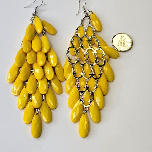 Yellow Glass Bead Long Earrings Chandelier Teardrop Diamond Shape Drop Earrings - Picture 3 of 7